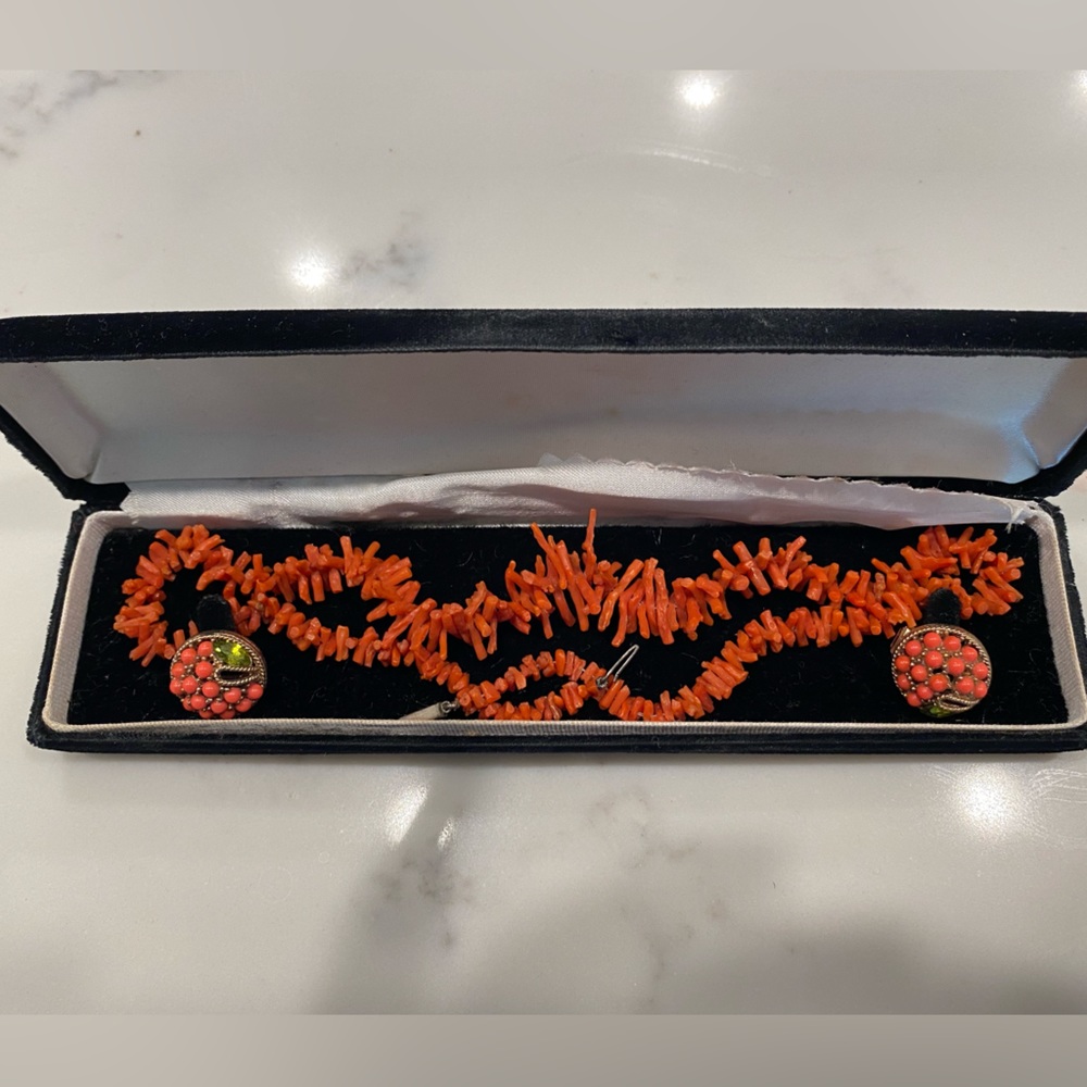 Beautiful Vintage Coral Necklace and coral and stone Earring set
